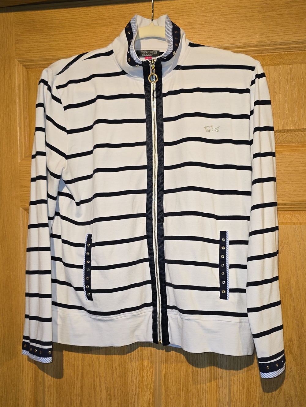 Needle & Thread White and Navy Striped Zip-Front Top